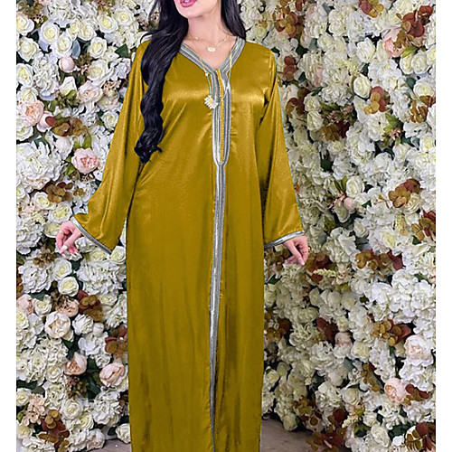 

Women's Kaftan Dress Maxi long Dress Yellow Green Long Sleeve Solid Color Patchwork Summer Round Neck Casual 2021 S M L XL XXL