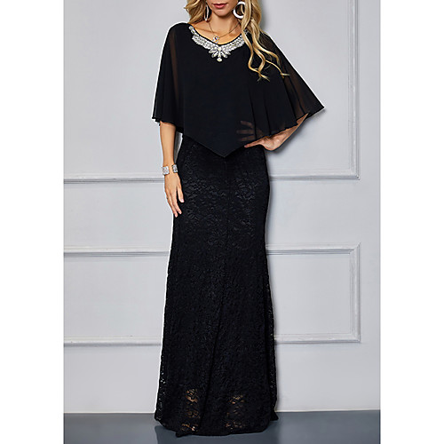 

Women's Sheath Dress Maxi long Dress Black Half Sleeve Solid Color Layered Fall Summer V Neck Elegant Casual 2021 S M L XL XXL / Chiffon