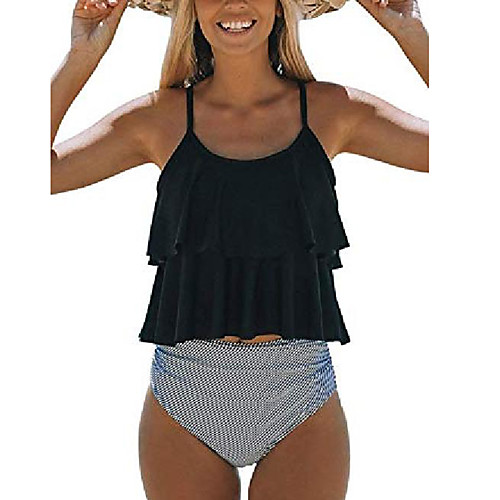 

Women's Bikini Beach Wear Swimsuit Ruffle Black-diagonal Blushing Pink Orange Swimwear Bathing Suits / 2 Piece
