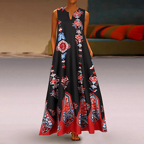 

Women's Swing Dress Maxi long Dress Blue Yellow White Black Light Blue Sleeveless Print Color Block Geometric Print Summer V Neck Casual Loose 2021 S M L XL XXL 3XL 4XL 5XL