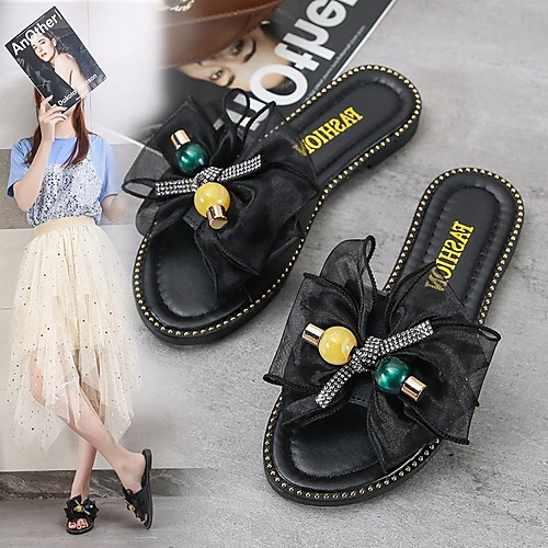 

Women's Flats Outdoor Slippers Flat Heel Open Toe PU Bowknot Sparkling Glitter Beading Solid Colored Black Beige