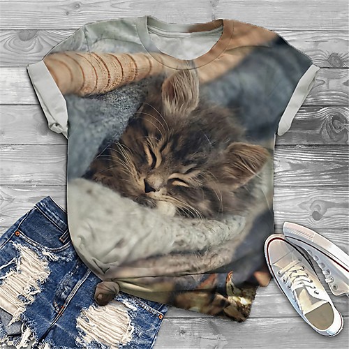 

Women's Plus Size Tops T shirt Cat Graphic Animal Print Short Sleeve Crewneck Basic Gray Big Size XL XXL 3XL 4XL 5XL / Holiday