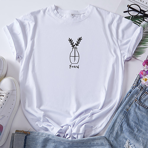 

Women's T shirt Plants Print Round Neck Tops 100% Cotton Basic Basic Top White Red Yellow
