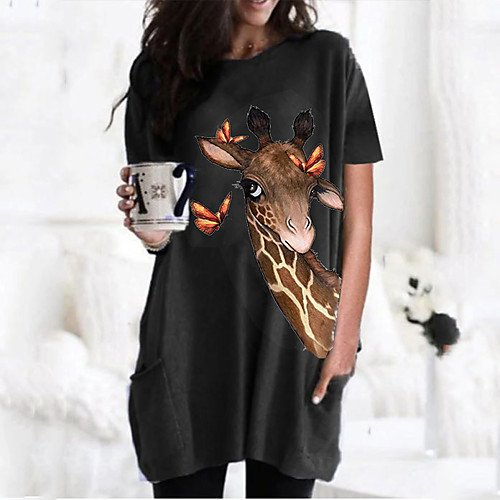 

Women's T shirt Dress Graphic Giraffe Animal Round Neck Tops Basic Basic Top Black Wine Army Green