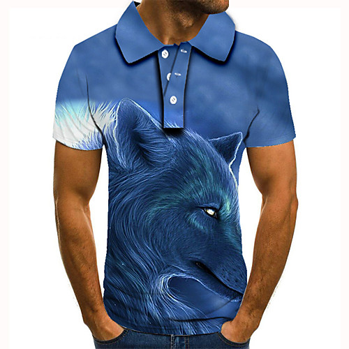 

Men's Golf Shirt Tennis Shirt 3D Print Wolf Animal Button-Down Short Sleeve Street Tops Casual Fashion Cool Blue / Sports