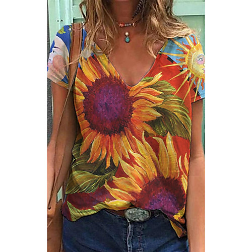 

Women's T shirt Flower V Neck Tops Basic Basic Top Rainbow