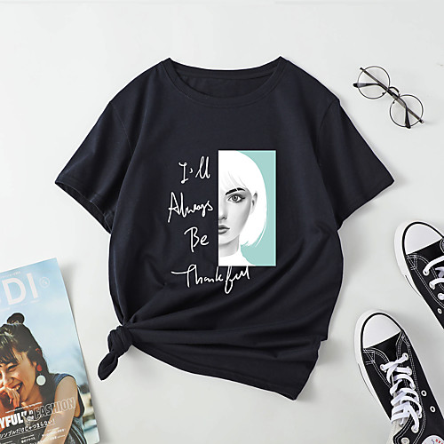 

Women's T shirt Portrait Letter Print Round Neck Tops Cotton Basic Basic Top Black Blue Red