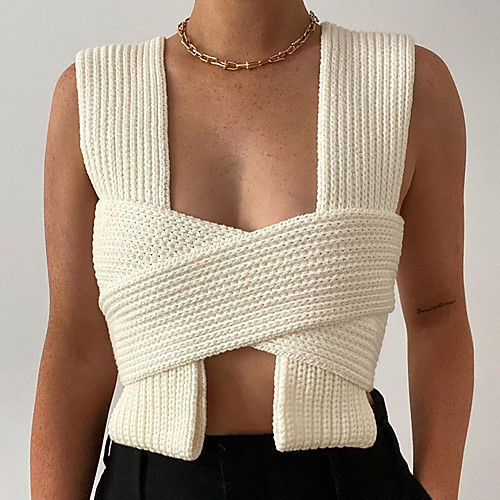 

Women's Stylish Knitted Solid Color Vest Sleeveless Sweater Cardigans Deep U Spring Summer White Black Green