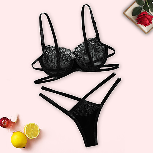 

Women's Layered Lace Hole Sexy Matching Bralettes Suits Nightwear Solid Colored Bra Black XS S M