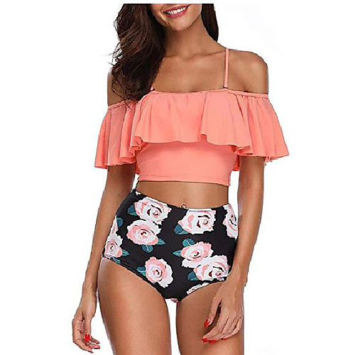 

Women's Bikini 2 Piece Swimsuit Slim Solid Color Orange Rose Whiteblue leaf Pink flower dark green pants Red shirt big pants Chrysanthemum black pants Swimwear Bathing Suits New Casual Sexy