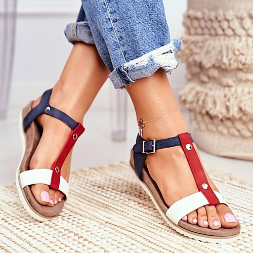 

Women's Sandals Flat Heel Round Toe Rubber PU Color Block Red