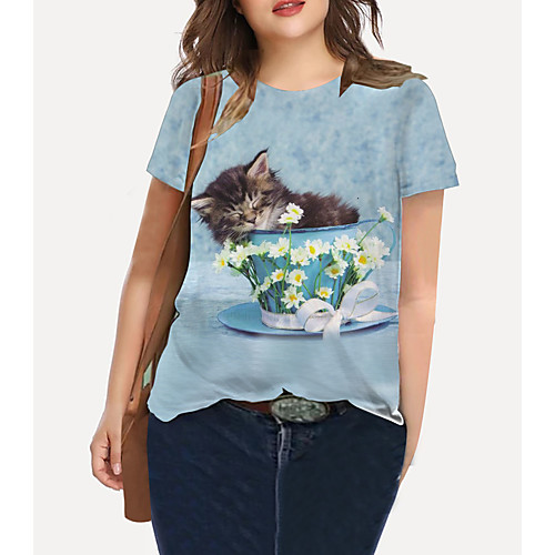 

Women's Plus Size Tops T shirt Floral Cat Graphic Print Short Sleeve Crewneck Basic Blue Big Size XL XXL 3XL 4XL 5XL / Holiday / Going out