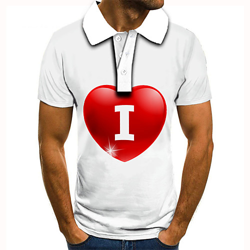 

Men's Golf Shirt 3D Print Heart Graphic Prints Button-Down Short Sleeve Street Tops Casual Fashion Cool White / Sports