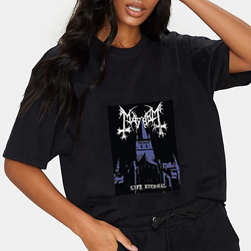 

Women's T shirt Graphic Letter Print Round Neck Tops 100% Cotton Basic Basic Top Black