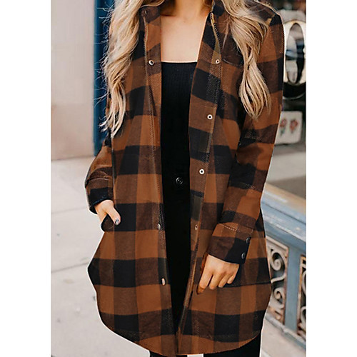 

Women's Trench Coat Daily Spring Long Coat Regular Fit Sporty Casual Jacket Long Sleeve Plaid / Check Patchwork Yellow Orange