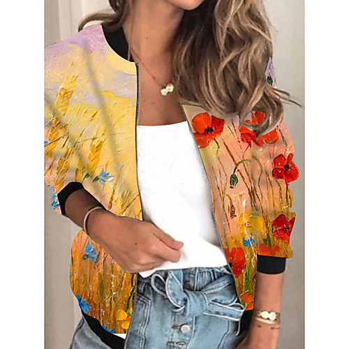 

Women's Jacket Daily Fall Spring Regular Coat Regular Fit Casual Jacket Long Sleeve Floral Print Yellow