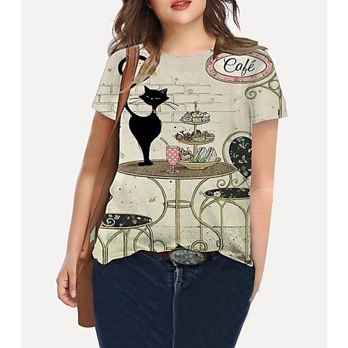 

Women's Plus Size Tops T shirt Cat Graphic Animal Print Short Sleeve Crewneck Basic Gray Big Size XL XXL 3XL 4XL 5XL / Holiday / Going out
