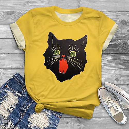 

Women's Plus Size Tops T shirt Cat Graphic Animal Print Short Sleeve Crewneck Basic Yellow Big Size XL XXL 3XL 4XL 5XL / Holiday