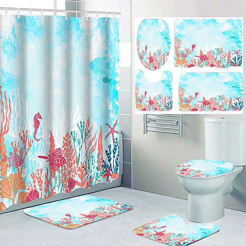 

Undersea Plants Ocean Theme Bathroom Waterproof Shower Curtain and Hook Cushion Four-piece Casual Decoration