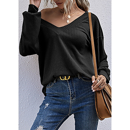 

Women's Knitted Solid Color Pullover Long Sleeve Sweater Cardigans V Neck Fall Winter Black Blushing Pink