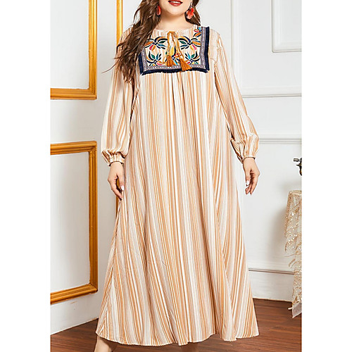 

Women's Kaftan Dress Maxi long Dress White Long Sleeve Print Solid Color Embroidered Patchwork Summer Round Neck Casual 2021 M L XL XXL 3XL 4XL