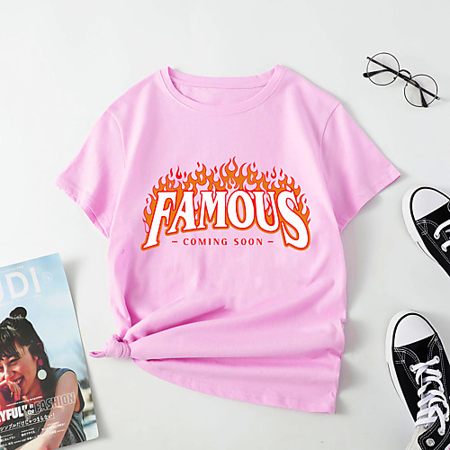 

Women's T shirt Flame Letter Print Round Neck Tops Cotton Basic Basic Top White Black Blue