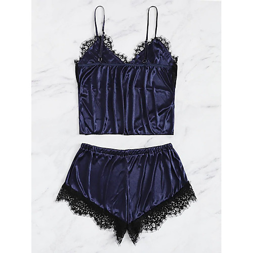 

Women's Layered Lace Hole Sexy Matching Bralettes Suits Nightwear Solid Colored Embroidered Bra Navy Blue XS S M