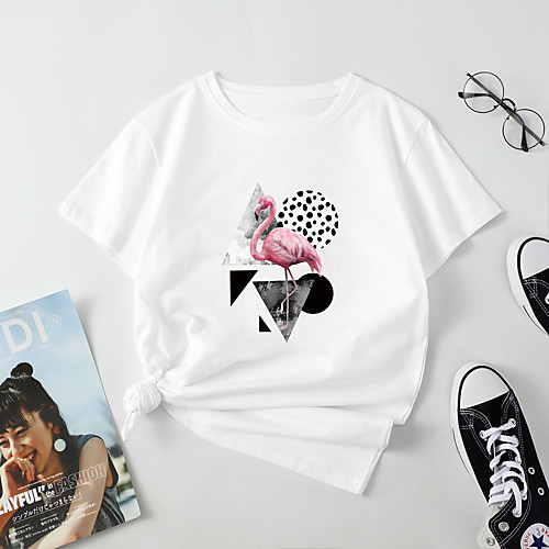 

Women's T shirt Geometric Bird Print Round Neck Tops Cotton Basic Basic Top White Blue Red
