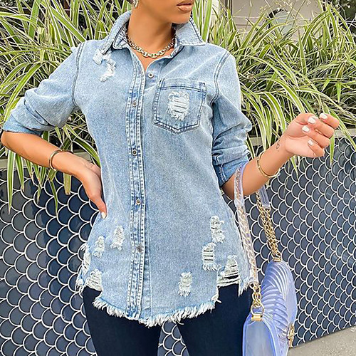 

europe and the united states aliexpress amazon wish stand-alone station new hole mid-length slim denim jacket