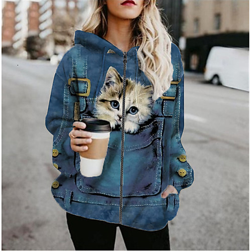 

Women's Jacket Daily Fall Spring Regular Coat Regular Fit Casual Jacket Long Sleeve Cat Print Blue / Holiday