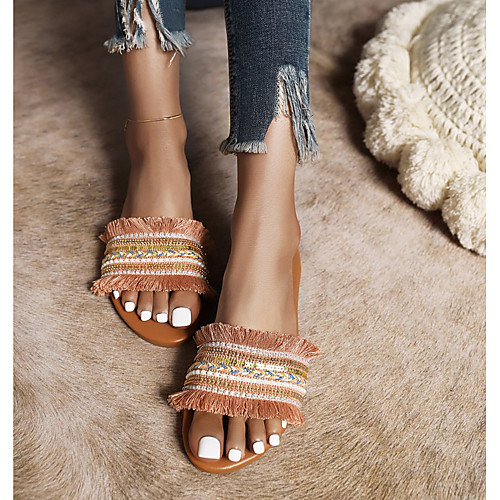 

Women's Sandals Boho Bohemia Beach Outdoor Slippers Flat Heel Round Toe PU Synthetics Almond Orange