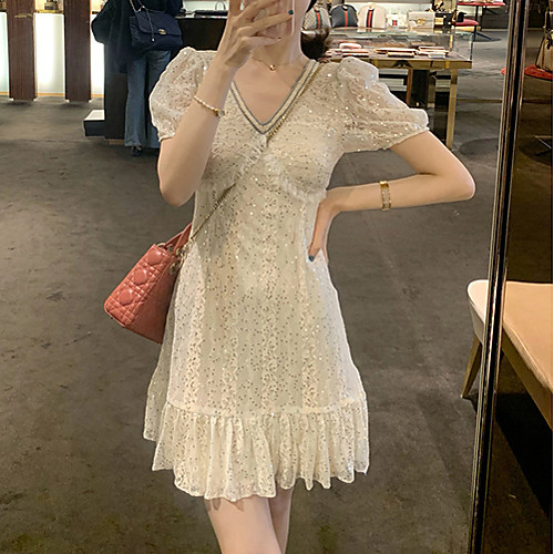 

Mermaid / Trumpet Sparkle Elegant Party Wear Cocktail Party Dress V Neck Short Sleeve Short / Mini Lace with Sequin 2021