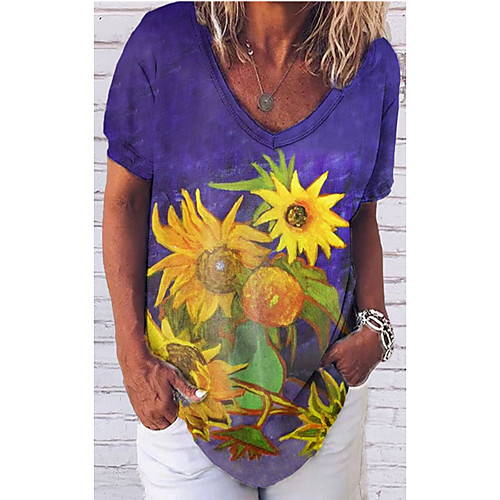 

Women's T shirt Floral V Neck Tops Basic Basic Top Purple
