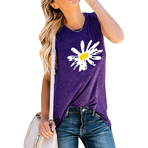 

Women's Holiday Tank Top Vest T shirt Floral Graphic Print Round Neck Basic Tops Blue Purple Light gray / Going out