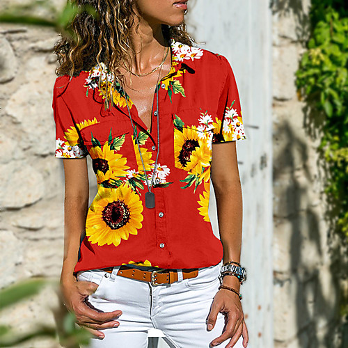 

Women's Blouse Shirt Floral Sunflower Button Print Shirt Collar Streetwear Tops Black Blue Red