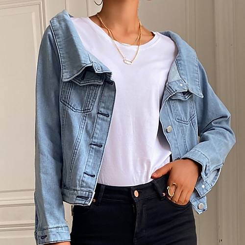 

Women's Jacket Daily Fall Spring Regular Coat Regular Fit Casual Jacket Long Sleeve Solid Colored Patchwork Light Blue / Denim