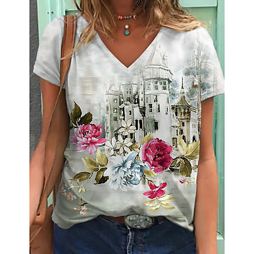 

Women's Floral Theme Painting T shirt Floral Scenery Print V Neck Basic Tops White