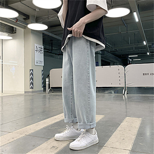 

Men's Chino Jeans Pants Solid Color Ankle-Length Light Blue