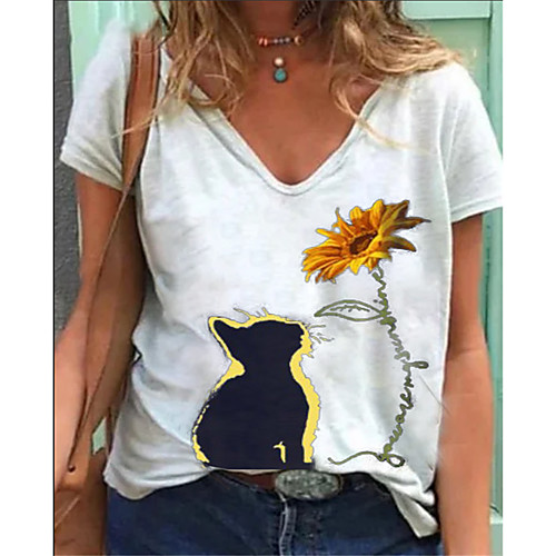 

Women's T shirt Cat Flower V Neck Tops Basic Basic Top White