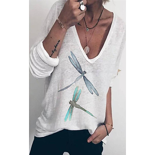 

Women's T shirt Animal Long Sleeve Print U Neck Tops Basic Basic Top White
