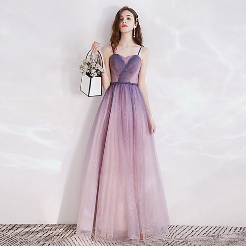 

A-Line Color Block Glittering Engagement Prom Dress Spaghetti Strap Sleeveless Floor Length Tulle with Sash / Ribbon 2021