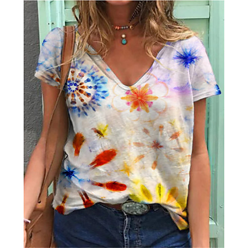 

Women's T shirt Flower V Neck Tops Basic Basic Top White