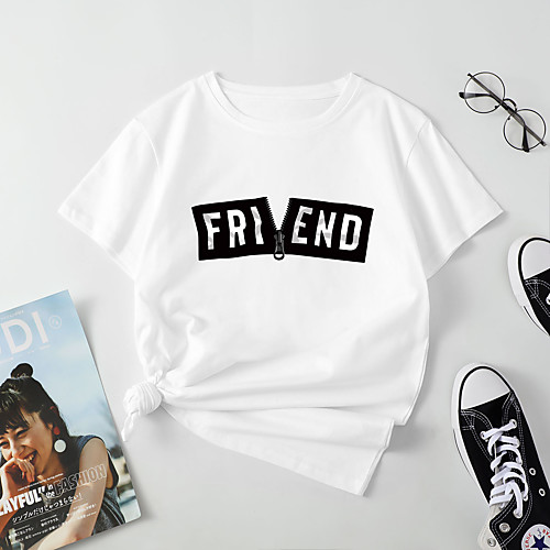 

Women's T shirt Letter Print Round Neck Tops Cotton Basic Basic Top White Blue Red