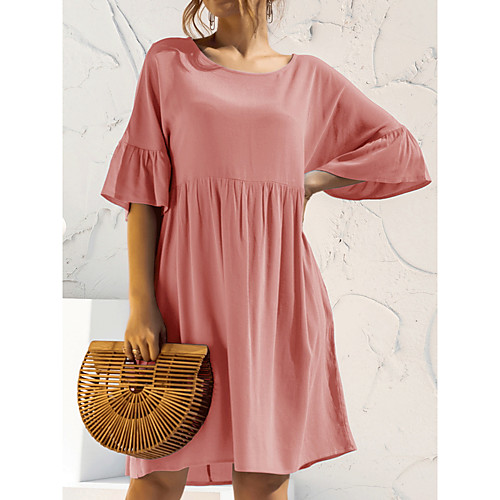 

Women's A Line Dress Knee Length Dress Blushing Pink Orange Black Light Blue Half Sleeve Solid Color Smocked Ruched Patchwork Fall Summer Round Neck Elegant Casual 2021 S M L XL / Cotton / Cotton