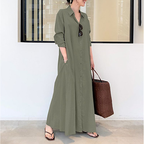 

Women's Shirt Dress Maxi long Dress Long Sleeve Solid Color Pocket Button Spring Summer Shirt Collar Elegant Casual Loose 2021 S M L XL XXL XXXL 4XL 5XL / Cotton / Cotton