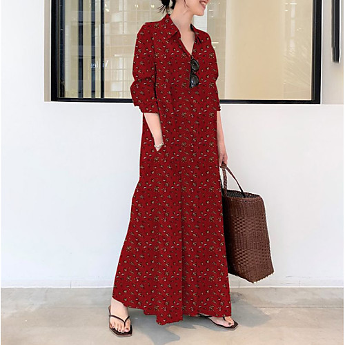 

2021 european and american cotton and linen dark grid printing lapel long-sleeved pocket simple loose casual long shirt dress