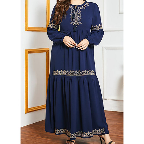 

Women's Kaftan Dress Maxi long Dress Blue Long Sleeve Print Embroidered Print Summer Round Neck Casual Loose 2021 L XL XXL 3XL 4XL