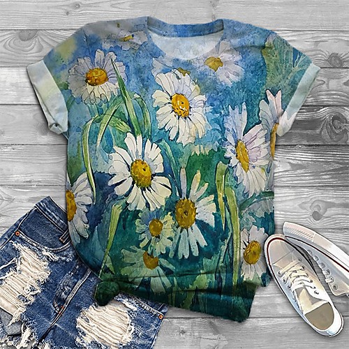 

Women's Plus Size Tops T shirt Graphic Sunflower Print Short Sleeve Crewneck Basic Blue Big Size XL XXL 3XL 4XL 5XL