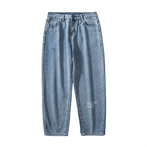 

Men's Chino Jeans Pants Solid Color Letter Ankle-Length Blue