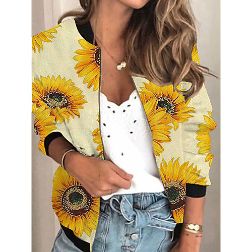 

Women's Jacket Daily Spring Summer Regular Coat V Neck Regular Fit Sporty Casual Jacket Long Sleeve Floral Print Yellow / Holiday